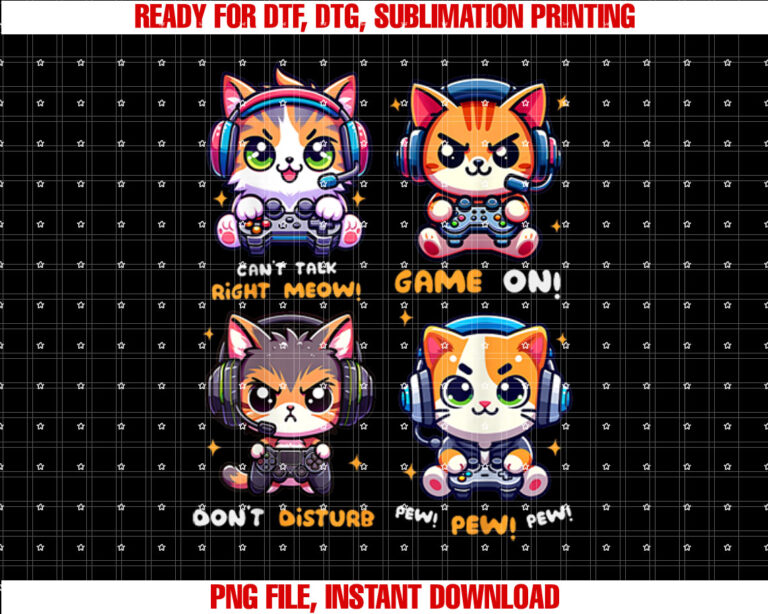 Gamer Cat Funny Gaming Video Games Pew Boys Girls Kids Ns Shirt  PNG, DTF, DTG, Sublimation Design