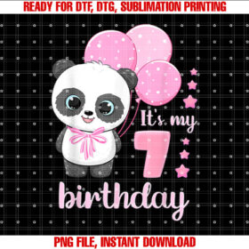 Girl 7 Year Old Panda Pink Balloons Its My 7th Birthday Shirt  PNG, DTF, DTG, Sublimation Design