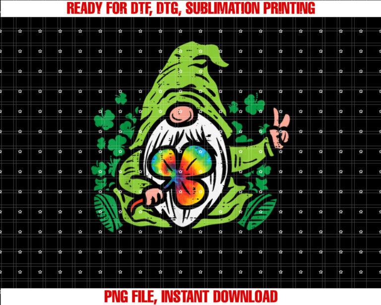 Gnome Tie Dye Shamrock Clover St Patricks Day Hippie Gift Shirt PNG, DTF, DTG, Sublimation Design