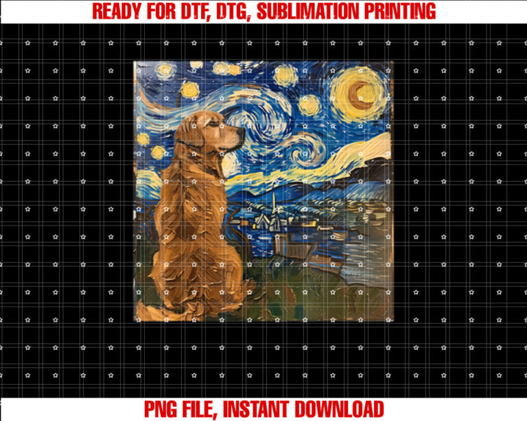 Golden Retriever Dog Van Gogh Style Starry Night Shirt PNG, DTF, DTG, Sublimation Design