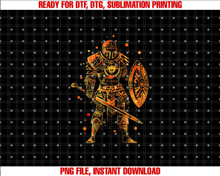 Golden knight with sword and shield  Shirt PNG, DTF, DTG, Sublimation Design