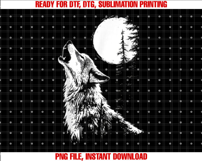 Graphic Tee Wolf Howling Moon Forest Nature Wildlife Animal Shirt PNG, DTF, DTG, Sublimation Design