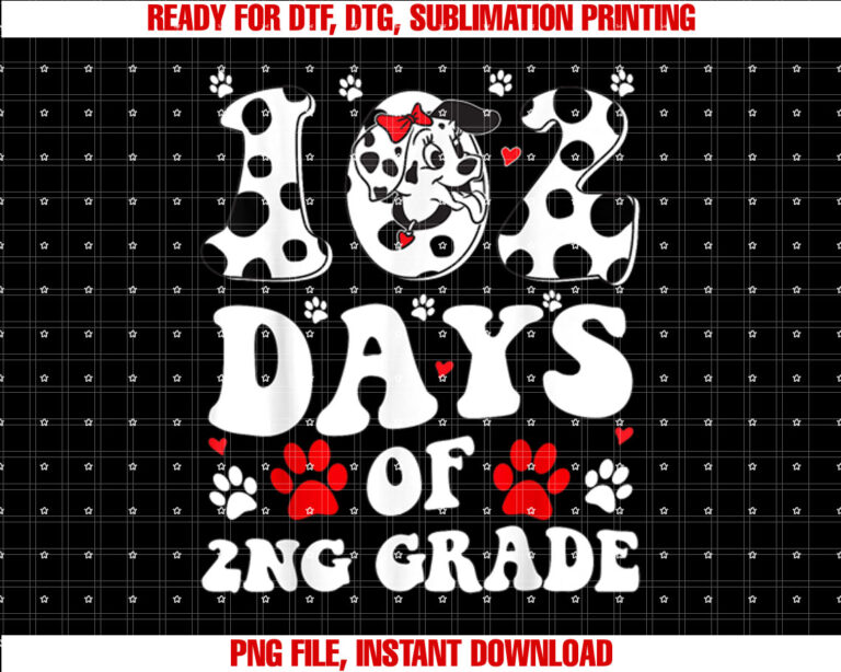 Groovy 100 Days Of School 102 Day Of 2nd Grade Dalmatian Dog Shirt PNG, DTF, DTG, Sublimation Design