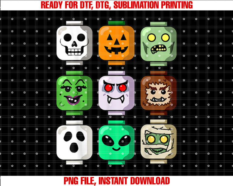 Halloween Building Brick Head Pumpkin Ghost Zombie Boys Shirt PNG, DTF, DTG, Sublimation Design