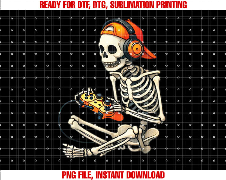 Halloween Skeleton Gamer Video Gaming Boys Men Kids Tees Shirt PNG, DTF, DTG, Sublimation Design