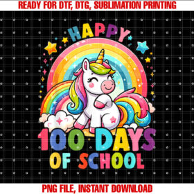 Happy 100th Day of School Unicorn For Girls Kids Teacher Shirt PNG, DTF, DTG, Sublimation Design