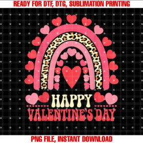 Happy Valentines Day Leopard Rainbow Heart Valentine Kids Shirt PNG, DTF, DTG, Sublimation Design