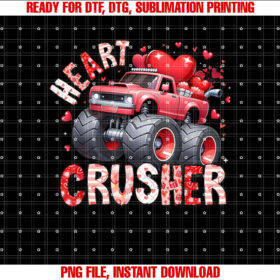 Heart MonsterTruck Crusher Valentines Day Cute Boys Kids Shirt PNG, DTF, DTG, Sublimation Design