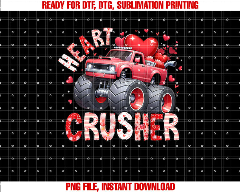Heart MonsterTruck Crusher Valentines Day Cute Boys Kids Shirt PNG, DTF, DTG, Sublimation Design