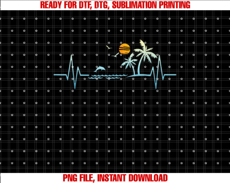 Heartbeat with Tropical Palm Trees Beach Island Sunset Shirt PNG, DTF, DTG, Sublimation Design