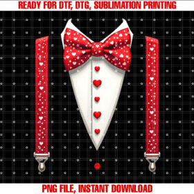 Hearts Bow Tie Suspenders Valentines Day Costume Boys Kids Shirt PNG, DTF, DTG, Sublimation Design