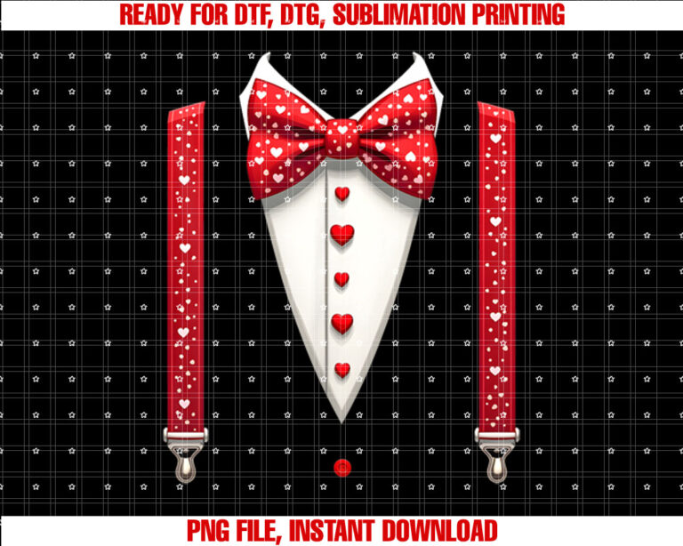 Hearts Bow Tie Suspenders Valentines Day Costume Boys Kids Shirt PNG, DTF, DTG, Sublimation Design