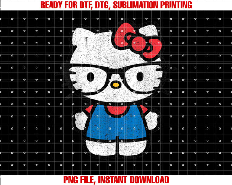 Hello Kitty Distressed Nerd Glasses Tee Shirt Shirt PNG, DTF, DTG, Sublimation Design