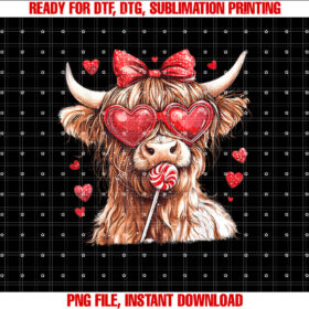 Highland Cow With Candy Valentine Day Coquette Bow Howdy Shirt PNG, DTF, DTG, Sublimation Design