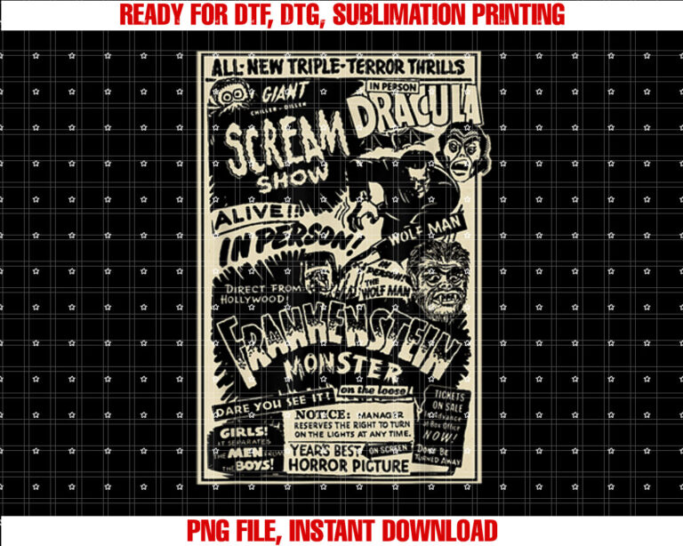 Horror Movie Monster Mummy Dracula Werewolf Frankenstein Shirt PNG, DTF, DTG, Sublimation Design