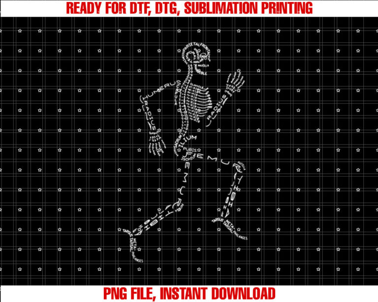Human Skeleton Running Bone Names Anatomy Labels for Geeks Shirt design, Digital Download