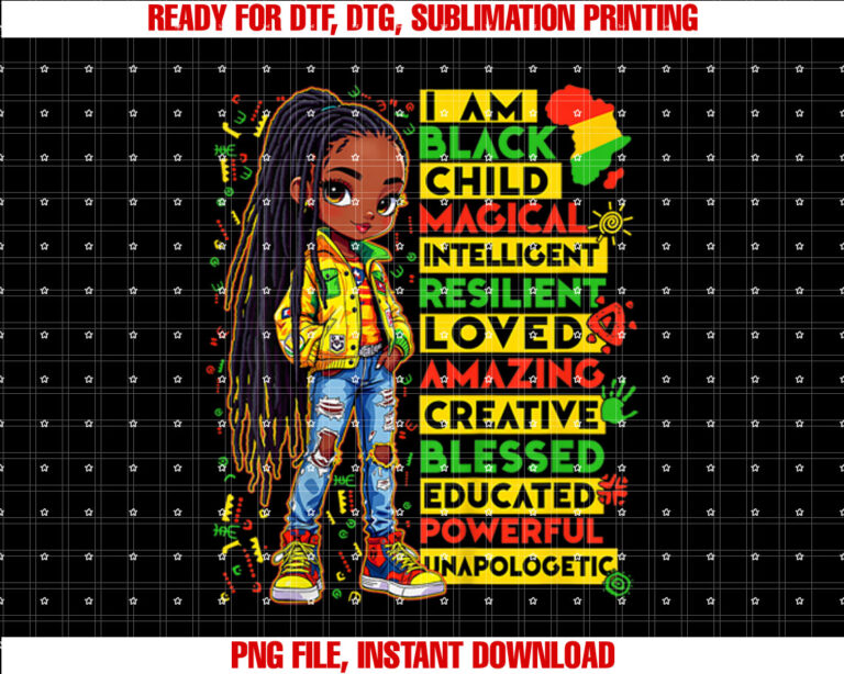 I Am Black Child History Month African American Kids Girls T-shirt design, Digital Download