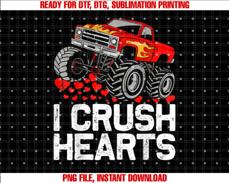 I Crush Hearts Valentines Day Monster Truck Boys Toddler Shirt design, Digital Download