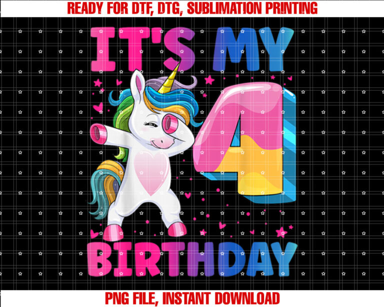 Its My 4th Birthday Unicorn 4 Year Old Girl T-shirt, Sublimation Design, Digital Download
