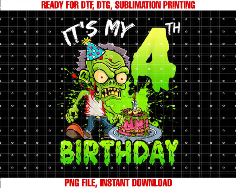 Its My 4th Birthday Zombie Lover 4 Year Old Boys Girls T-shirt, Sublimation Design, Digital Download