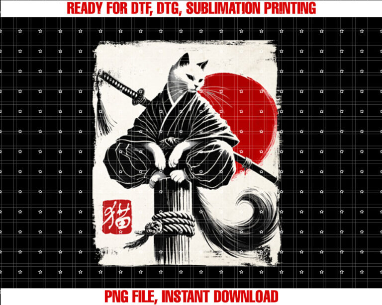 Japanese Anime Ninja Samurai Cat Vintage Ukiyoe Graphic Art T-shirt, Sublimation Design, Digital Download