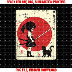 Japanese Samurai Girl Black Cat Kawaii Anime Girls Kid Women T-shirt, Sublimation Design, Digital Download