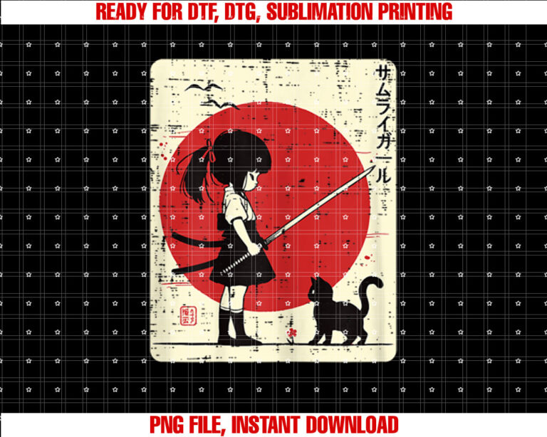 Japanese Samurai Girl Black Cat Kawaii Anime Girls Kid Women T-shirt, Sublimation Design, Digital Download