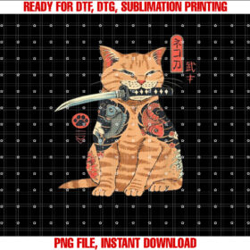 Japanese Samurai Ninja Cat Kawaii Tattoo Graphic T-shirt, Sublimation Design, Digital Download