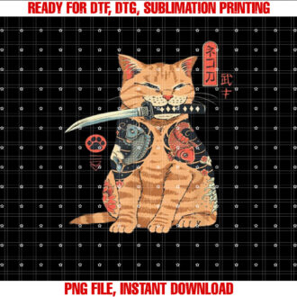 Japanese Samurai Ninja Cat Kawaii Tattoo Graphic T-shirt, Sublimation Design, Digital Download