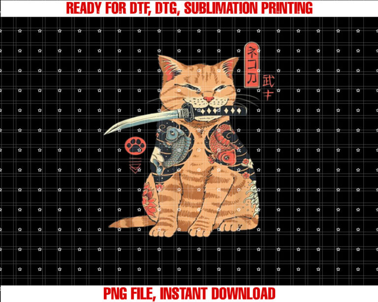 Japanese Samurai Ninja Cat Kawaii Tattoo Graphic T-shirt, Sublimation Design, Digital Download