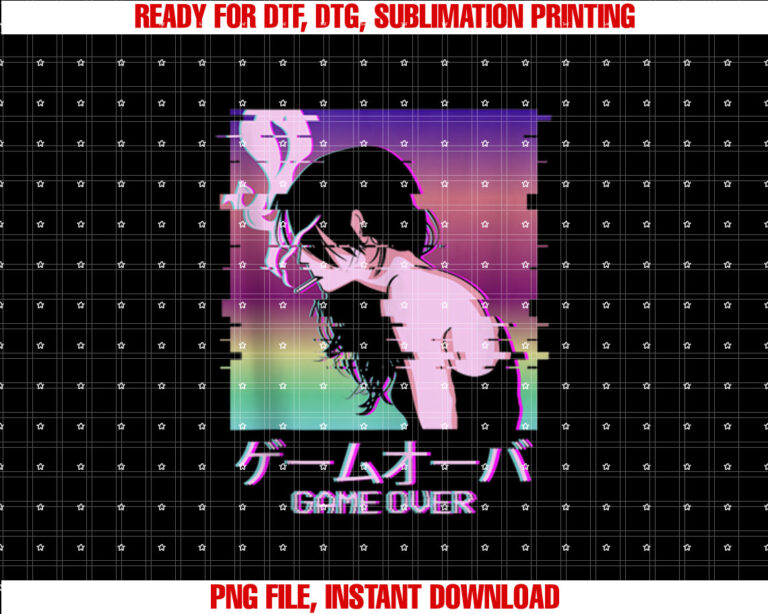 Japanese Vaporwave Sad Anime Girl Game Over Indie Aesthetic T-shirt, Sublimation Design, Digital Download