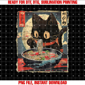 Kawaii Cat Eating Ramen Noodles Vintage Japanese Manga Cat T-shirt, Sublimation Design, Digital Download
