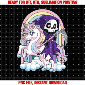 Kawaii Pastel Goth Cute Halloween Grim Reaper Riding Unicorn T-shirt, Sublimation Design, Digital Download