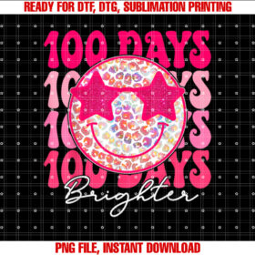Kid Girls 100 Days Brighter Smile Face 100 Days of School T-shirt, Sublimation Design, Digital Download