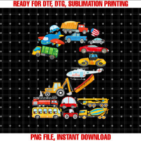 Kids 2nd Birthday for Boys Cars Vehicles Fire Truck Airplane T-shirt, Sublimation Design, Digital Download