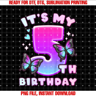 Kids 5th Birthday Girl 5 Years Butterflies and Number 5 T-shirt, Sublimation Design, Digital Download