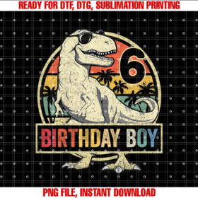 Kids 6 Year Old 6th Birthday Boy T Rex Dinosaur T-shirt, Sublimation Design, Digital Download