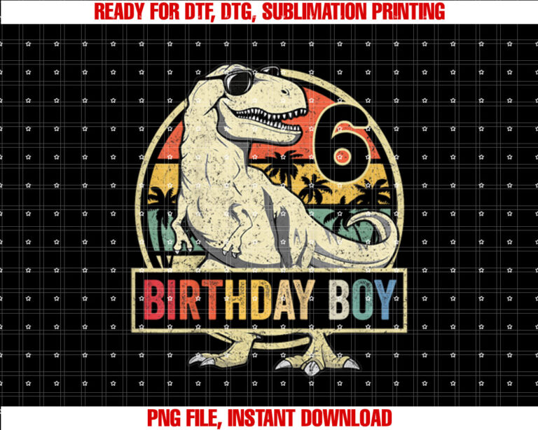 Kids 6 Year Old 6th Birthday Boy T Rex Dinosaur T-shirt, Sublimation Design, Digital Download