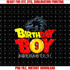 Kids 9 Year Old 9th Dragon Anime Style Birthday Gift for Boys T-shirt, Sublimation Design, Digital Download