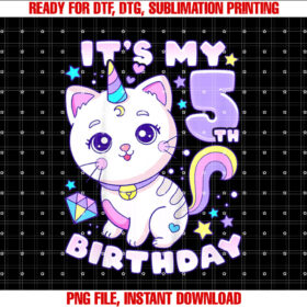 Kids Birthday girl 5 years old cat unicorn 5th birthday Shirt design, Digital Download