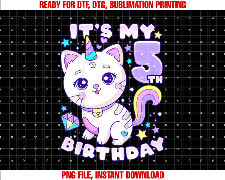 Kids Birthday girl 5 years old cat unicorn 5th birthday Shirt design, Digital Download