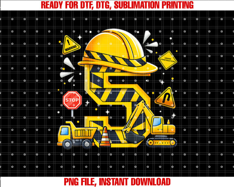 Kids Five 5th Birthday Cool Construction 5yr Boy 5 Years Old Boys T-shirt, Sublimation Design, Digital Download