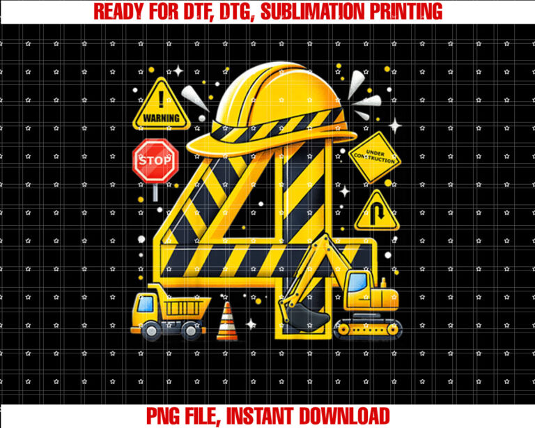 Kids Four 4th Birthday Cool Construction 4yr Boy 4 Years Old Boys T-shirt, Sublimation Design, Digital Download