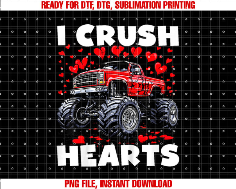Kids I Crush Hearts Monster Truck Toddler Boys Valentines Day Shirt design, Digital Download
