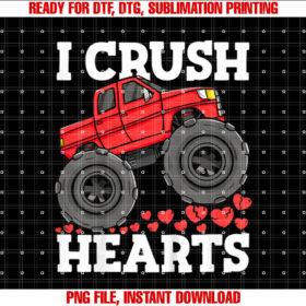 Kids I Crush Hearts Valentines Day Monster Truck Boy Toddler Girl T-shirt, Sublimation Design, Digital Download