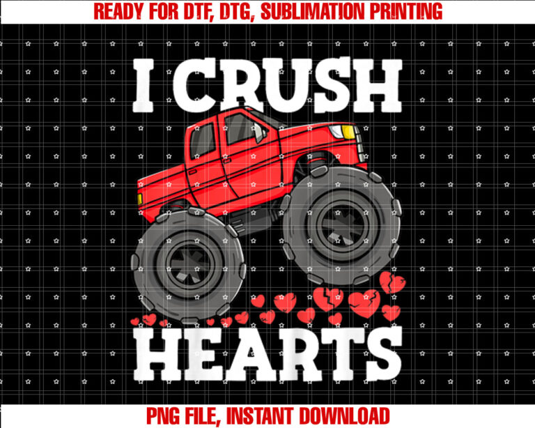 Kids I Crush Hearts Valentines Day Monster Truck Boy Toddler Girl T-shirt, Sublimation Design, Digital Download
