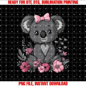 Kids Koala Kawaii Koala Bear Pink Bow Flowers Girls Kids T-shirt, Sublimation Design, Digital Download
