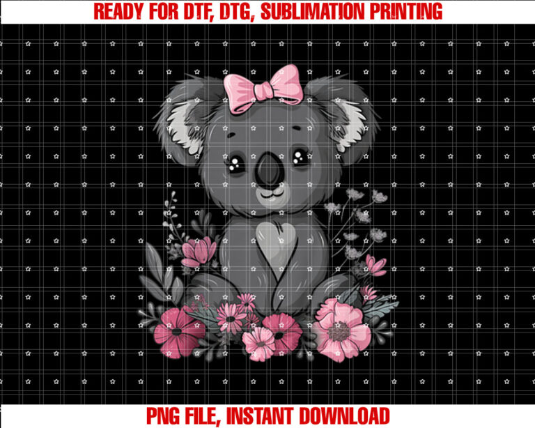 Kids Koala Kawaii Koala Bear Pink Bow Flowers Girls Kids T-shirt, Sublimation Design, Digital Download