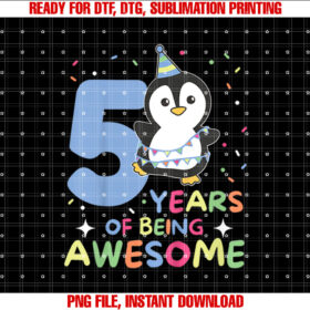 Kids Penguin 5th Birthday for Kids Five Years Old T-shirt, Sublimation Design, Digital Download