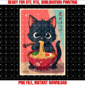 Kitten Eating Japanese Noodles Anime Manga Baby Cat Ramen T-shirt, Sublimation Design, Digital Download